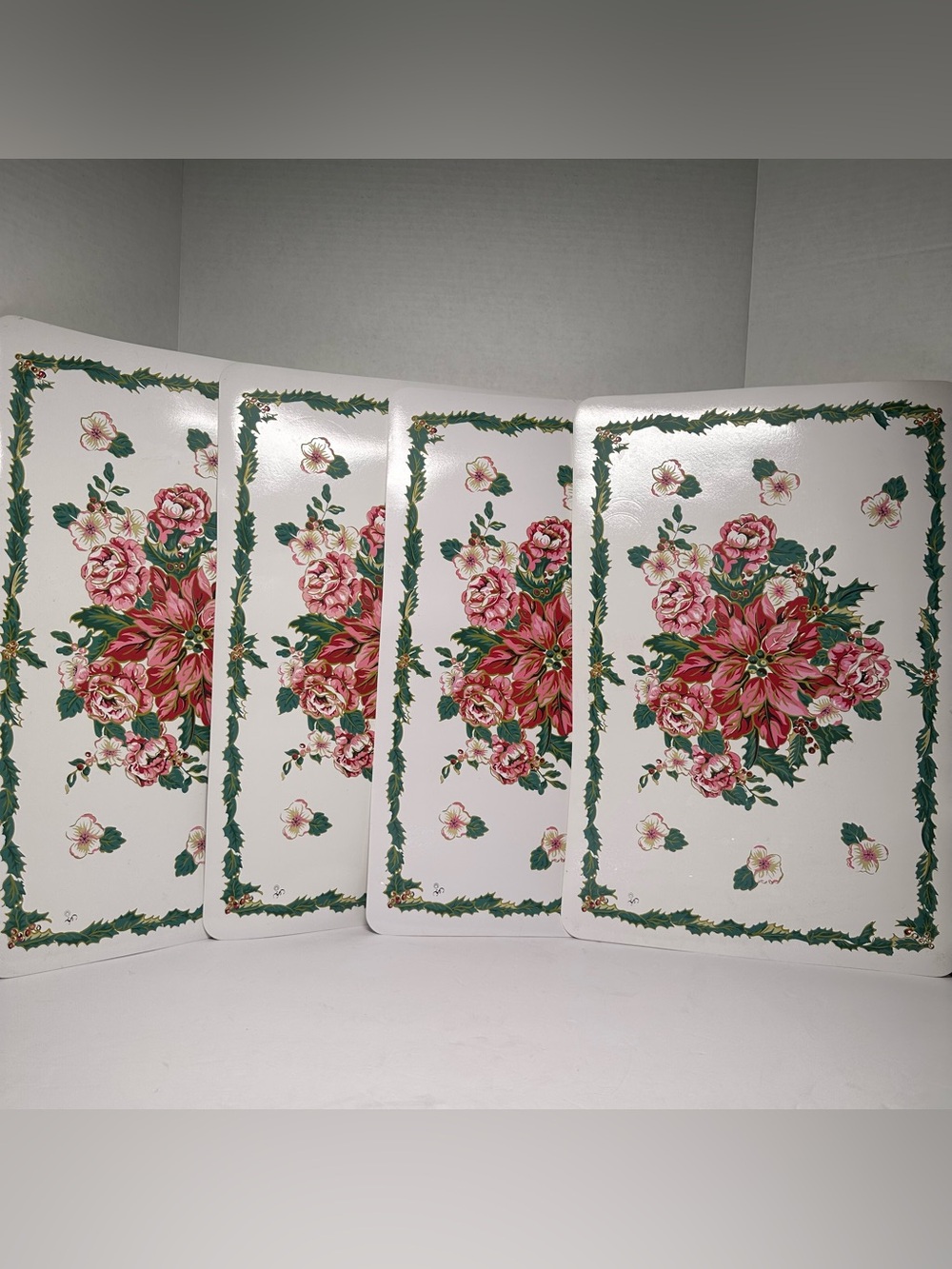 Set of 4 Vintage White Floral Vinyl Plastic Christmas Placemats USA Retro Decor